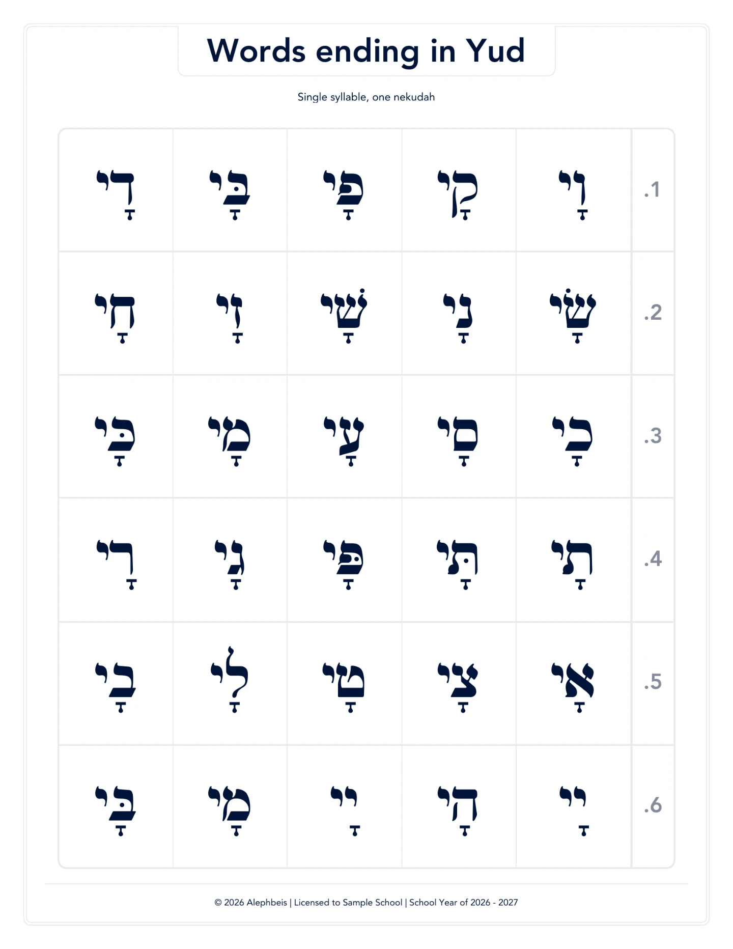 Smart Sheet, table layout, on Skilled Endings: single-syllable words ending in yud in a ruled grid