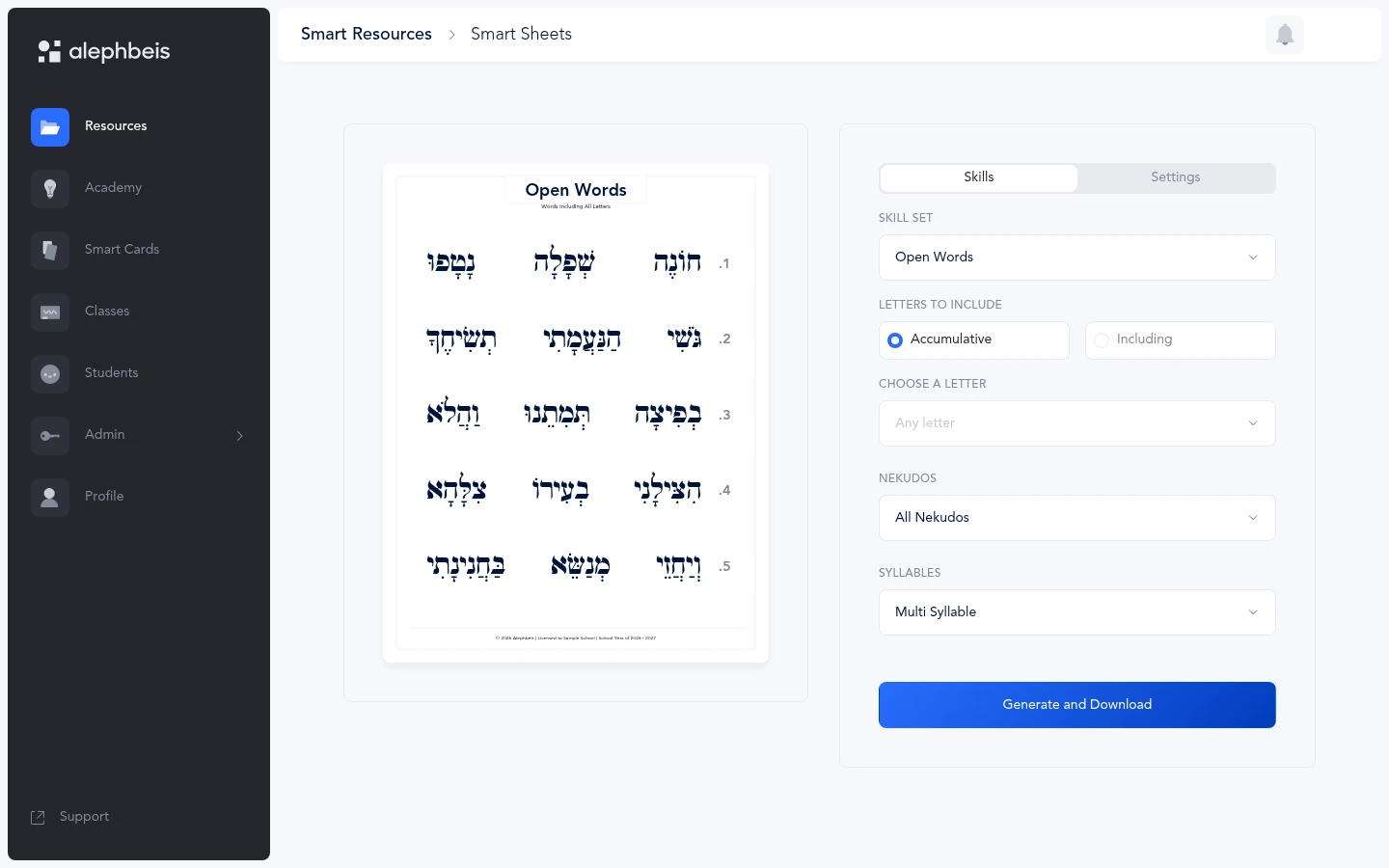 The Smart Sheets builder set to the Open Words skill set, beside a preview of the sheet it builds