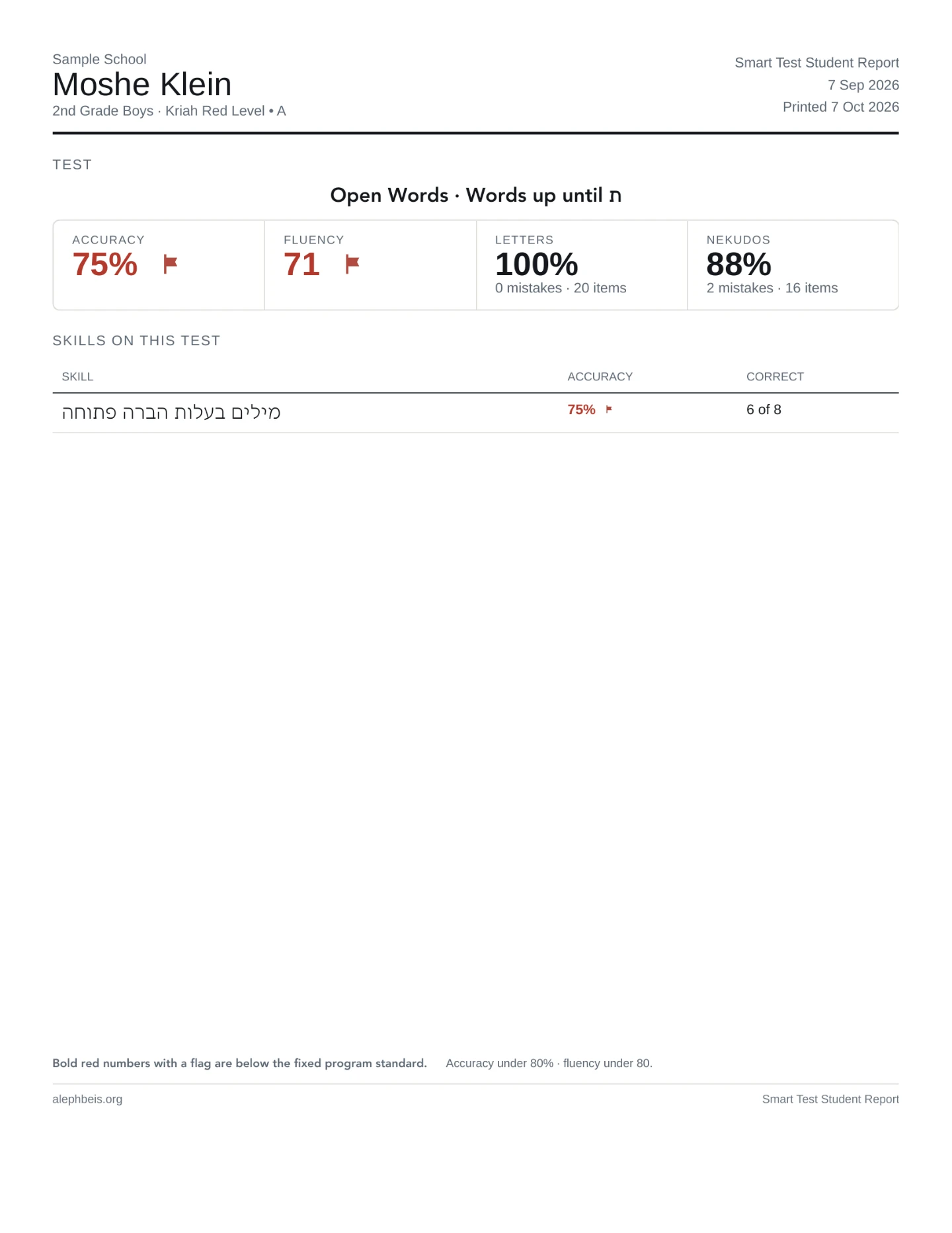 A Smart Test student report: accuracy, fluency, letters and nekudos, and the skill on the test